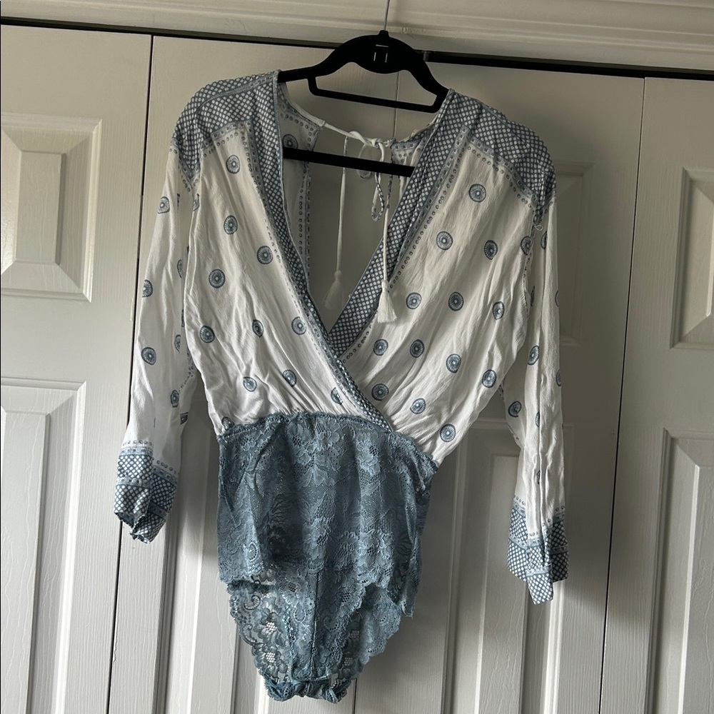 Free People Blue and White Patterned Bodysuit